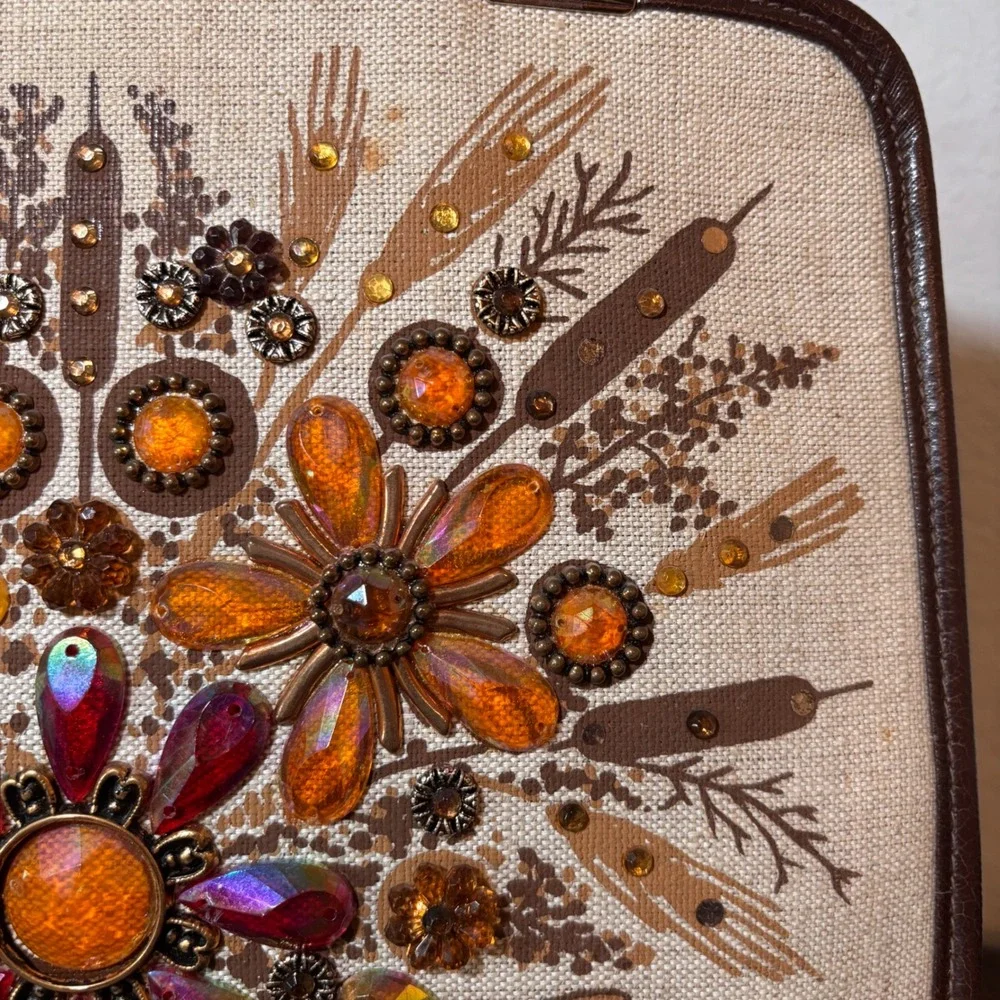 Enid Collins Handbag Marshland Treasure Medium Canvas Jeweled Brown Vintage 60s